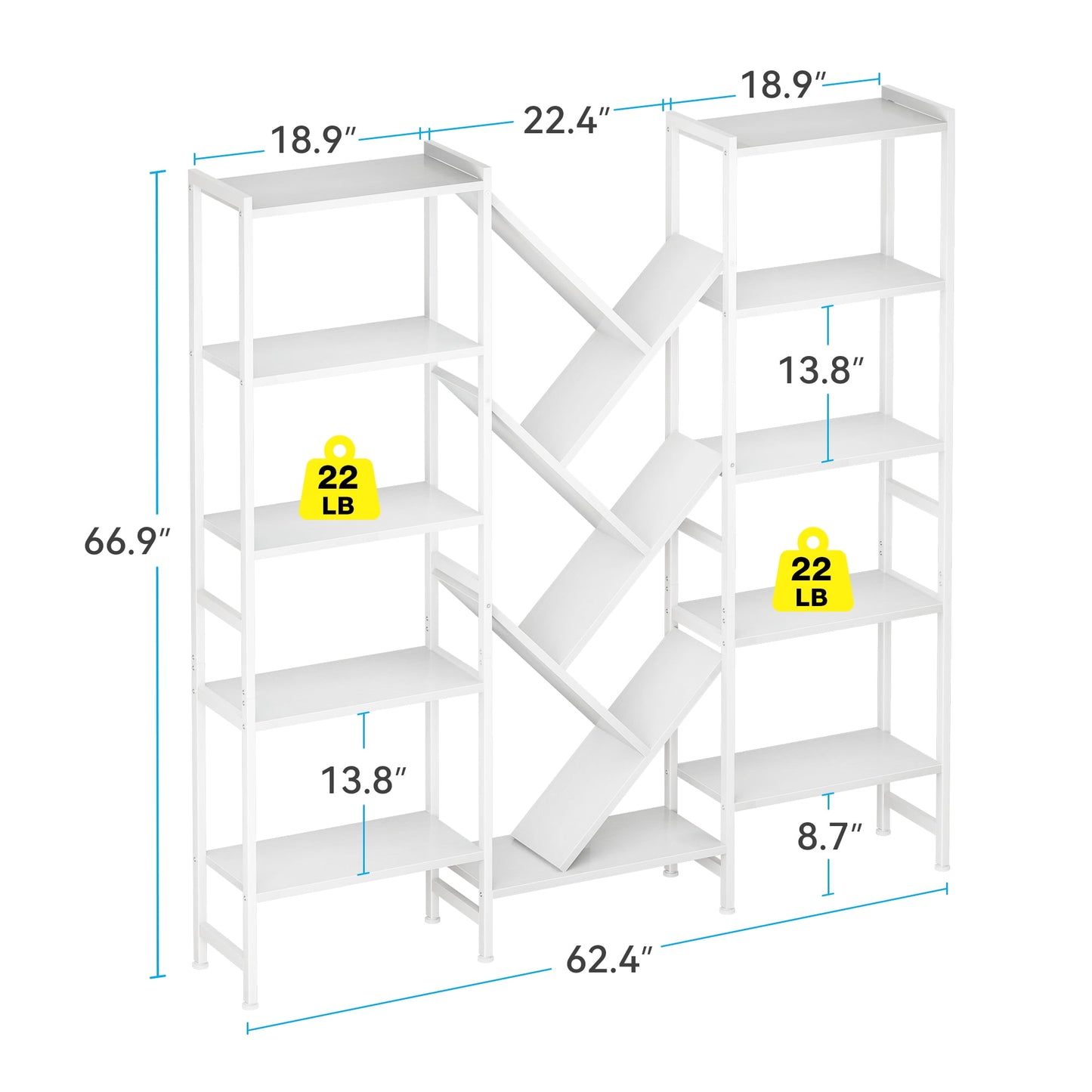 Triple 5-Tier Bookshelf with LED Lights for Living Room, 17 Open Shelves Large Bookcase with App Control RGB Light Strip, Modern Tree Design Storage Shelf with Metal Frame, White