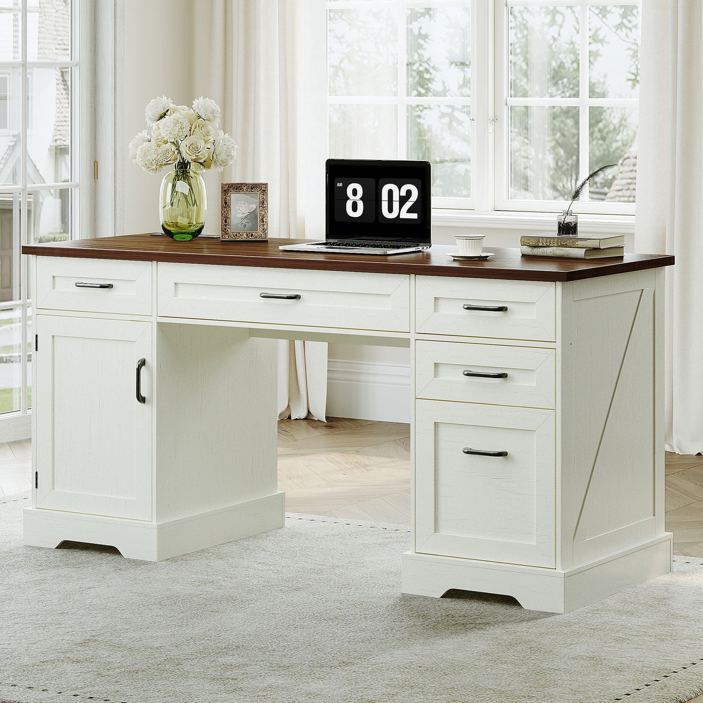 Casacomoda Home Office Desk with File Cabinet and Drawers, 59" Executive Desk with USB Power Outlet, Storage Cabinet for CPU, Workstation Table for Study, Walnut & Warm White