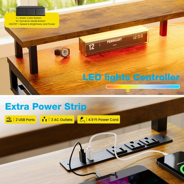 Casacomoda Electric Standing Desk with Power Outlets and LED Lights, Adjustable Height Sit Stand Desk with Monitor Shelf & 3 Fabric Drawers for Home Office, Vintage