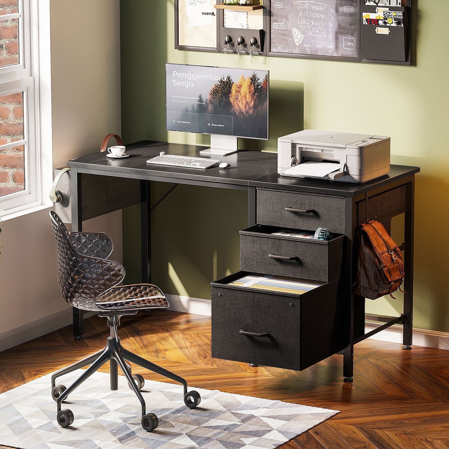 Casacomoda 40 inch Computer Desk with Fabric Drawers & File Cabinet, Home Office Desk with Cloth Storage Bag and Hook, Vanity Desk for Bedroom, Black