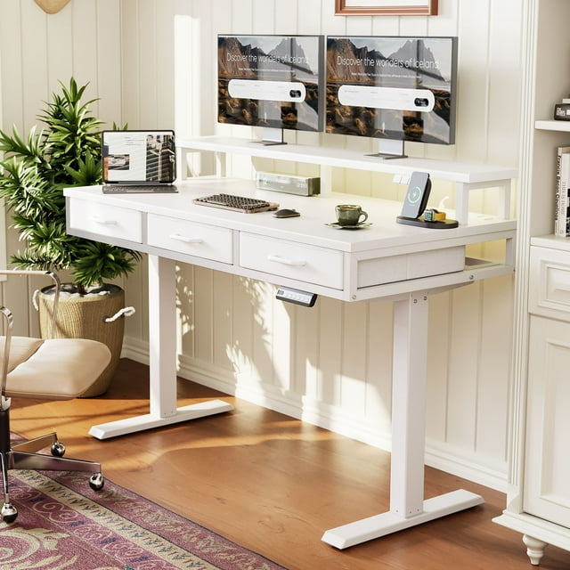 Casacomoda Electric Standing Desk with Power Outlets and LED Lights, Adjustable Height Sit Stand Desk with Monitor Shelf & 3 Fabric Drawers for Home Office, White
