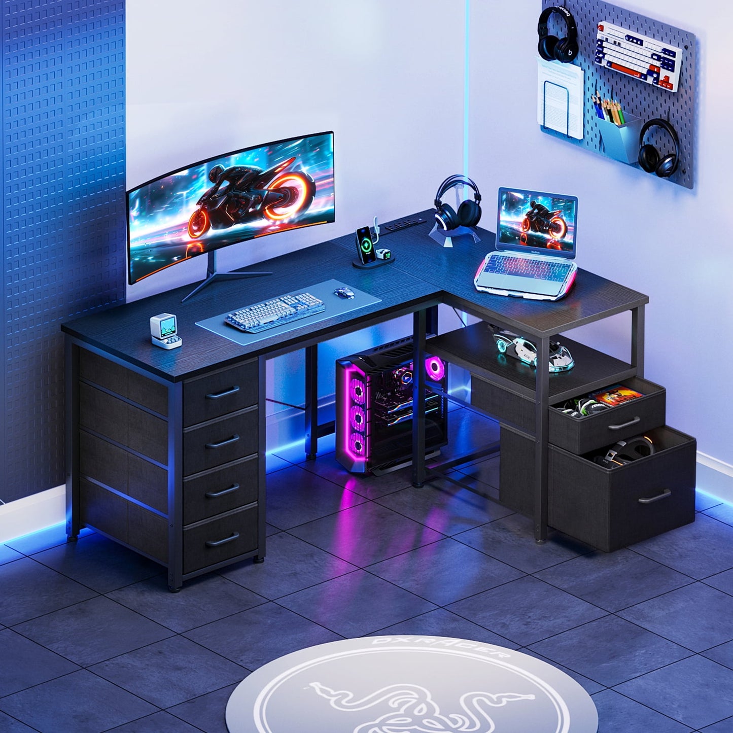 Casacomoda 55 inch Computer Desk with 5 Drawers and File Cabinet for Storage, Office Desk with Storage Shelf & Power Outlets, Home Office Desks, Black