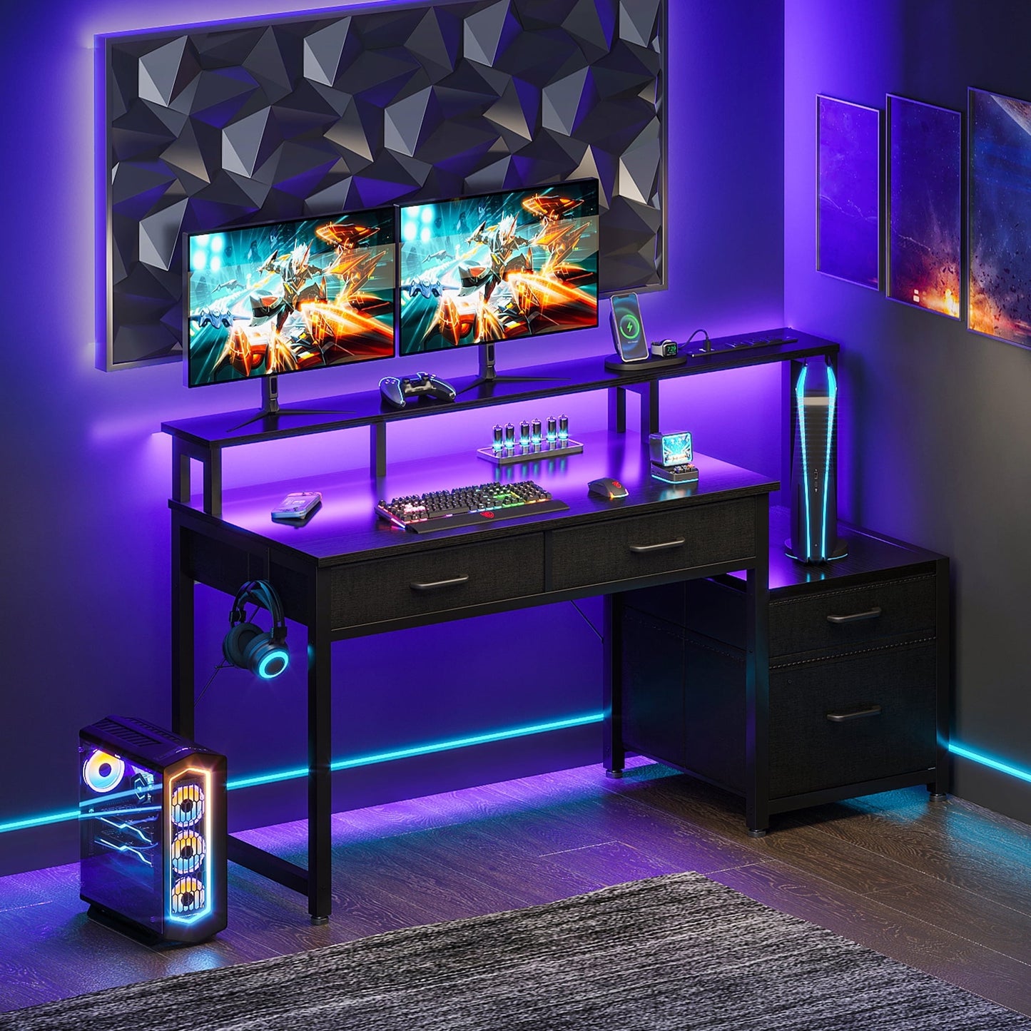 Computer Desk with 4 Drawers, 48 Inch Reversible Desk with Led Lights & Power Outlet, Home Office Desk with File Drawer & Monitor Stand, Black