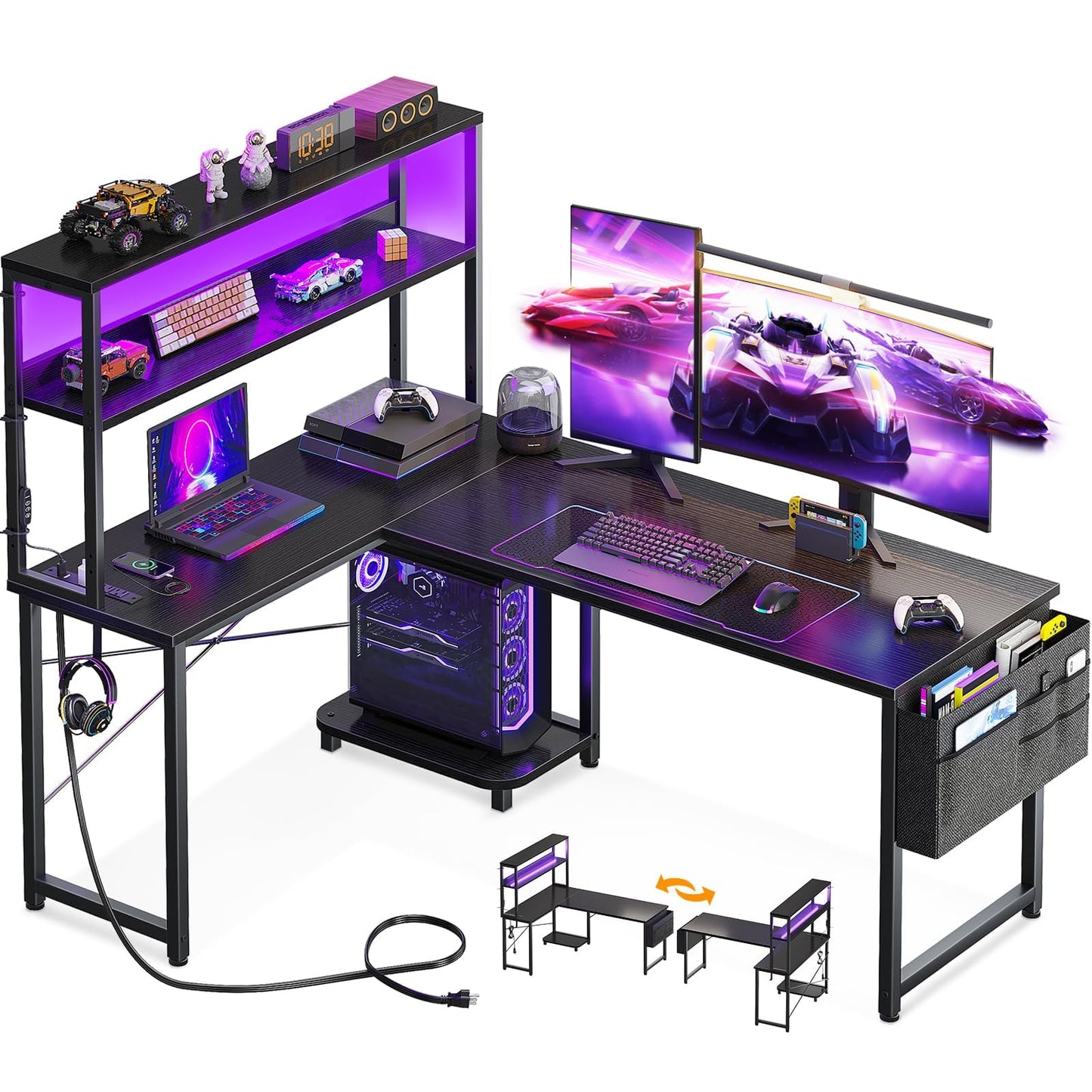 L Shaped Gaming Desk with Shelf & Storage Bag