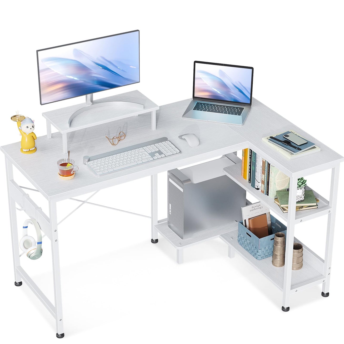 Small L Shaped Computer Desk with Reversible Storage Shelves