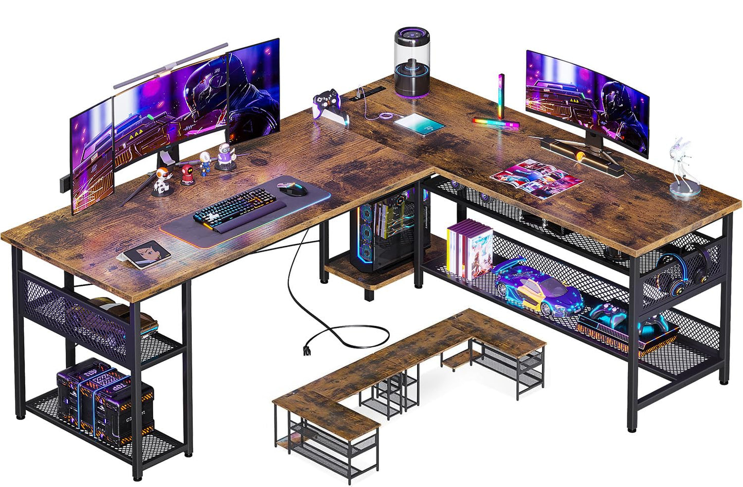 Reversible L Shaped Computer Desk with Power Outlet and USB Charging Ports