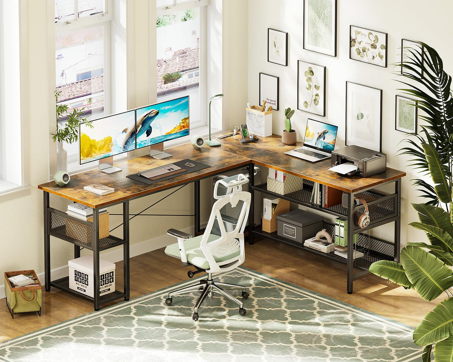 Reversible L Shaped Computer Desk with Power Outlet and USB Charging Ports