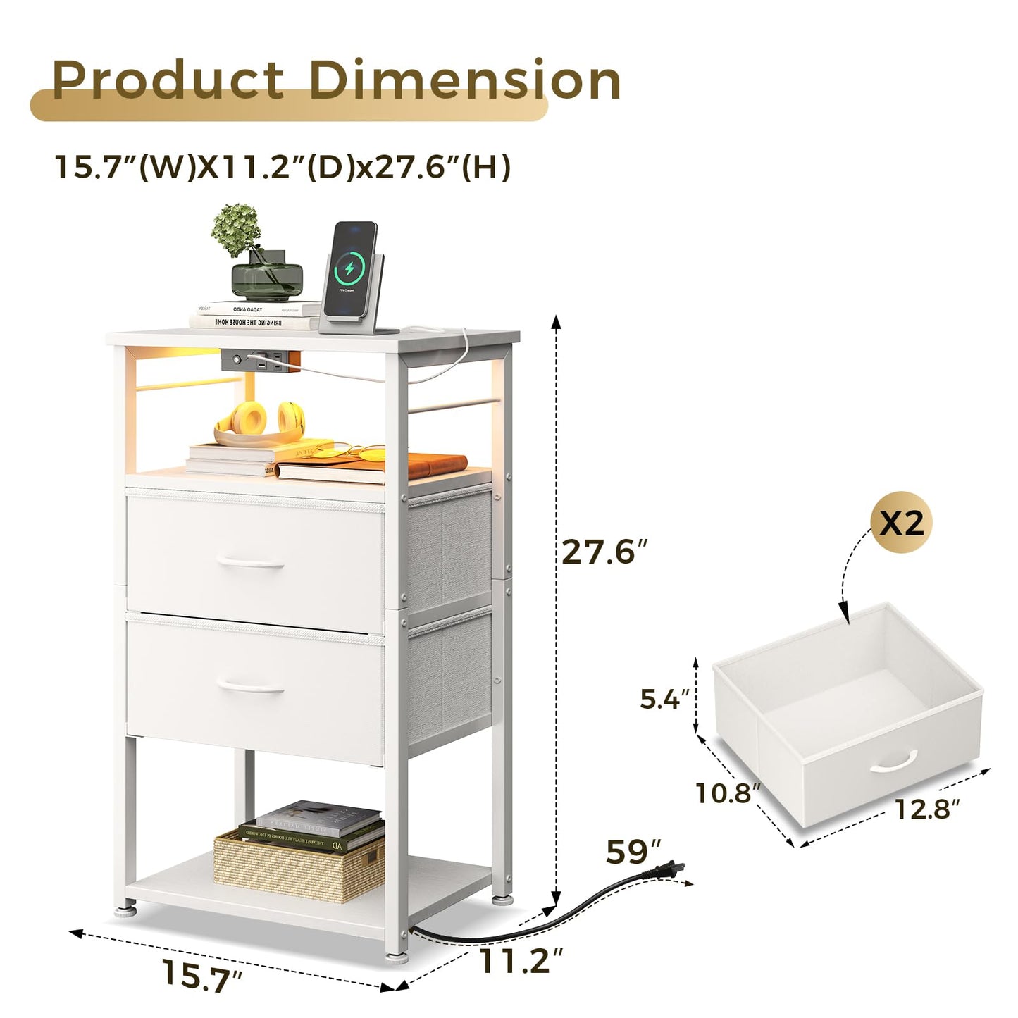 Tall Nightstand with Charging Station and LED Lights