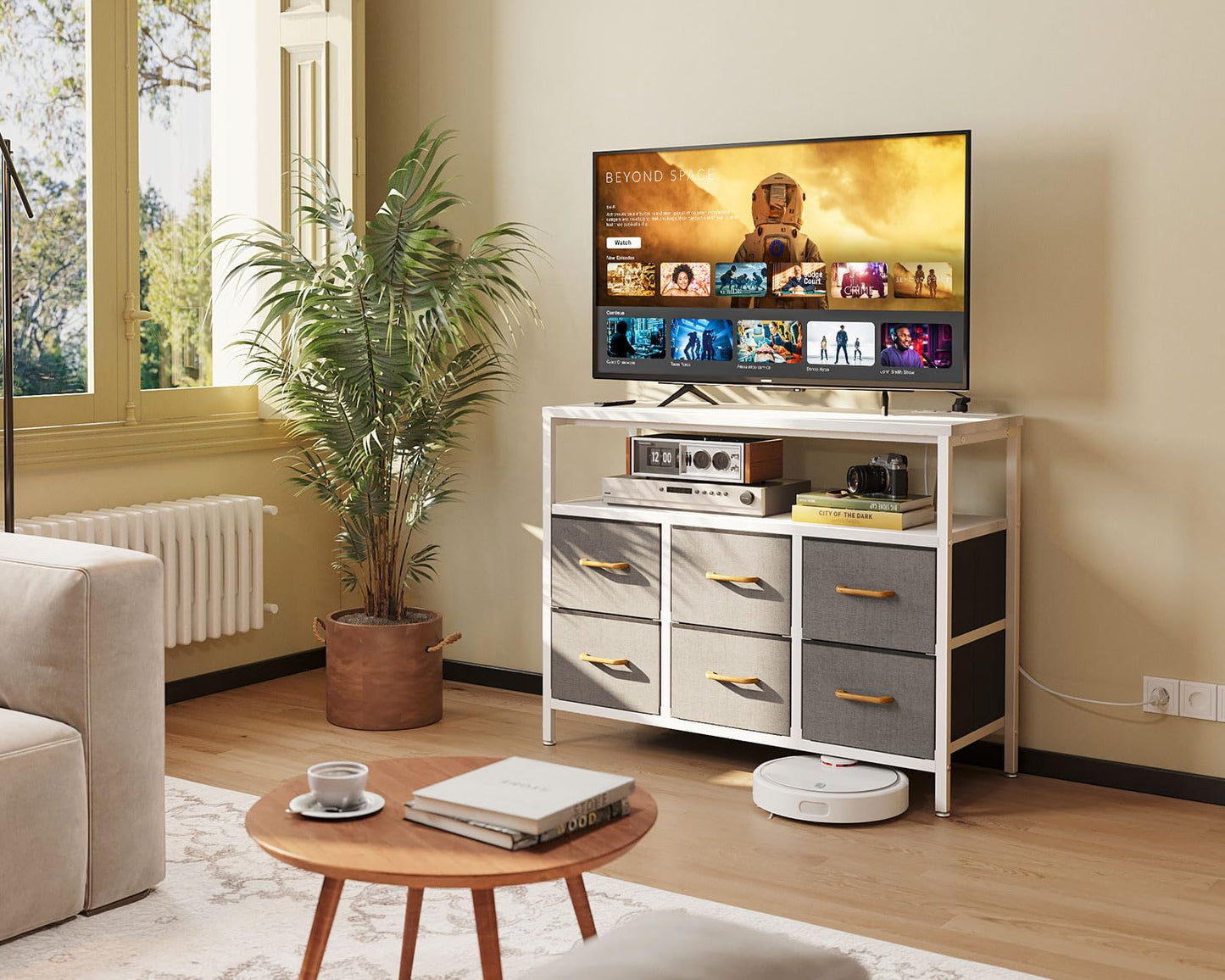 Dresser with Charging Station for Bedroom with 6 Large Fabric Drawers