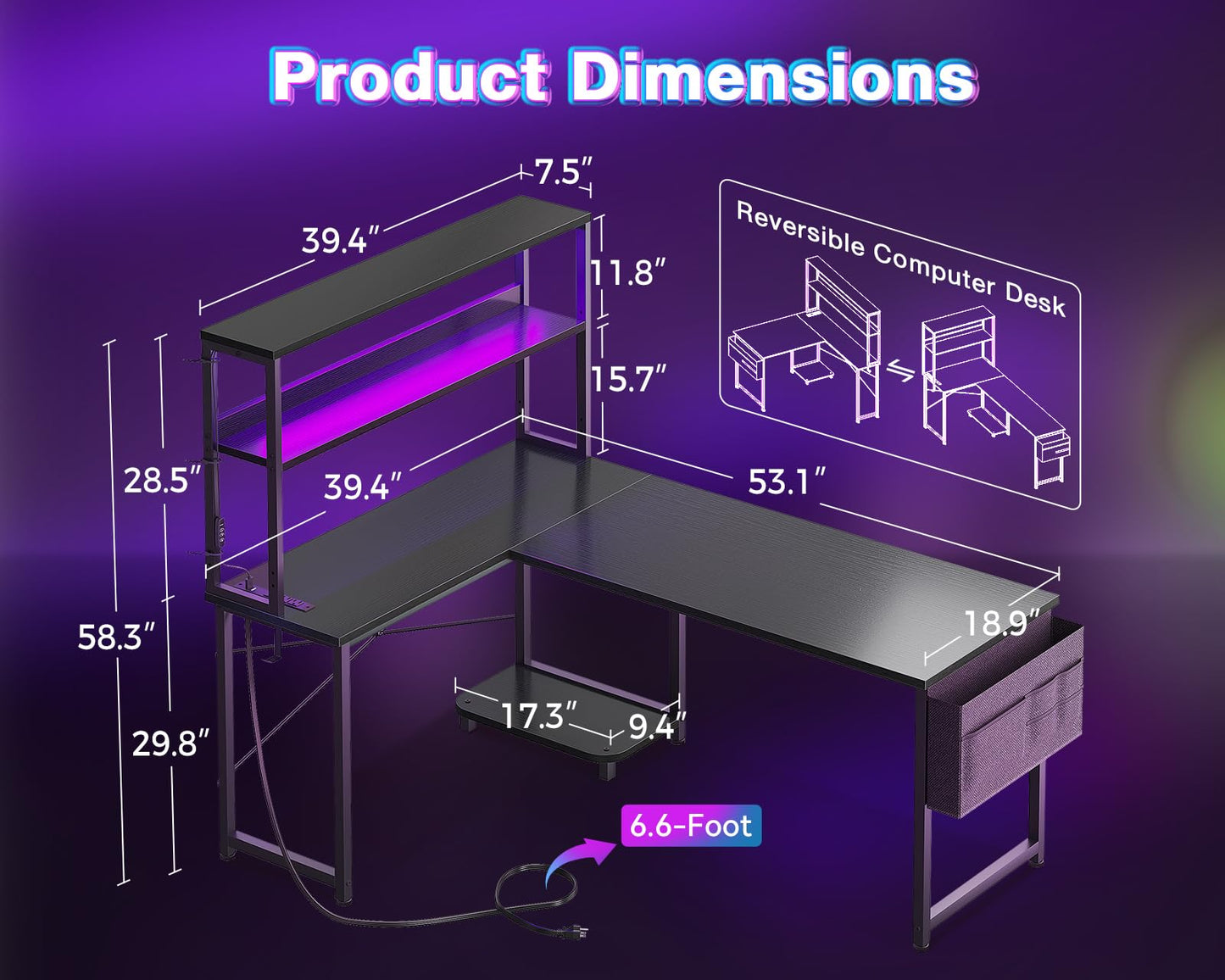 L Shaped Gaming Desk with Shelf & Storage Bag