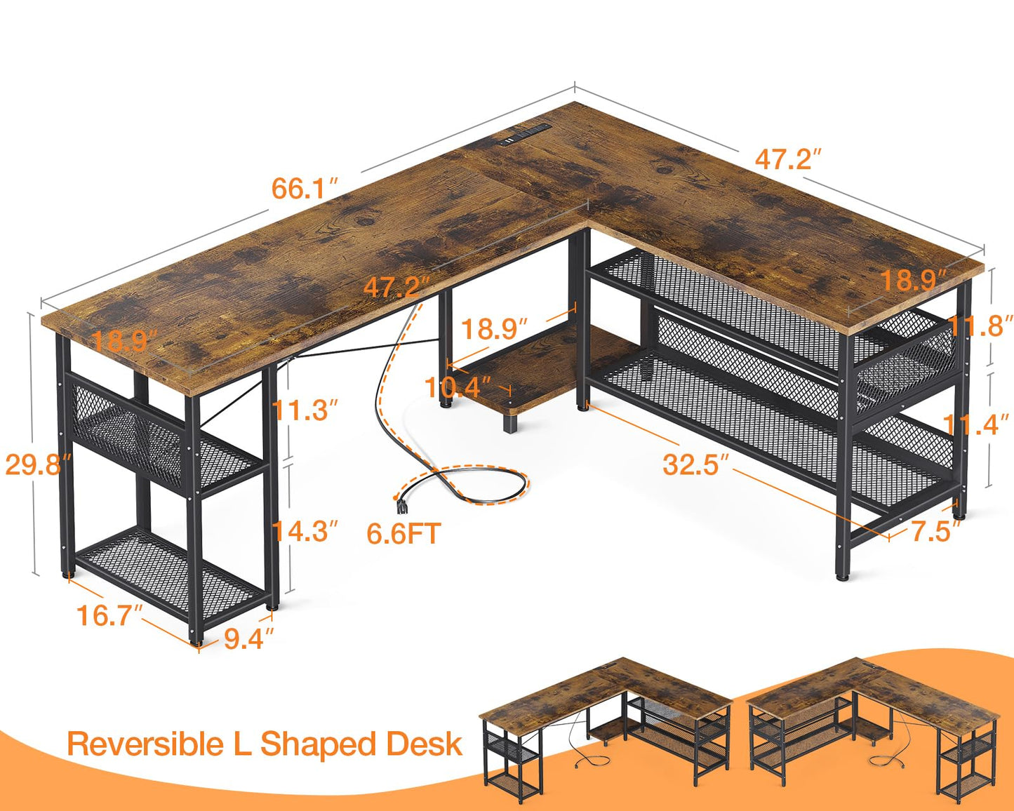 Reversible L Shaped Computer Desk with Power Outlet and USB Charging Ports
