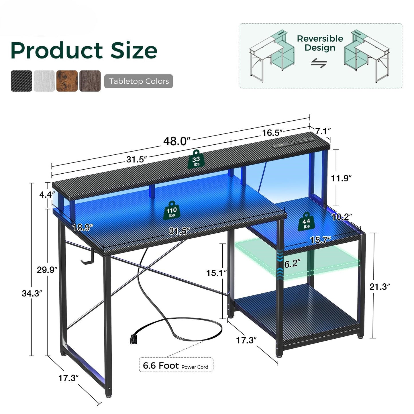 Computer Desk, 48 Inch Gaming Desk with Led Lights & Power Outlet