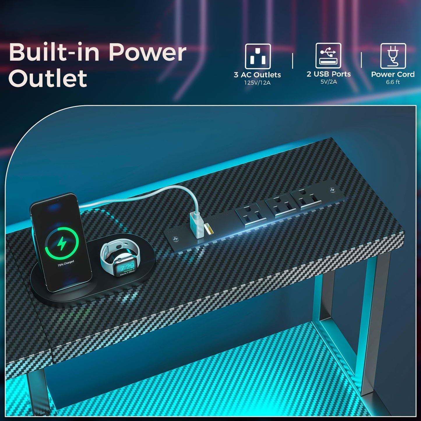 Computer Desk, 48 Inch Gaming Desk with Led Lights & Power Outlet