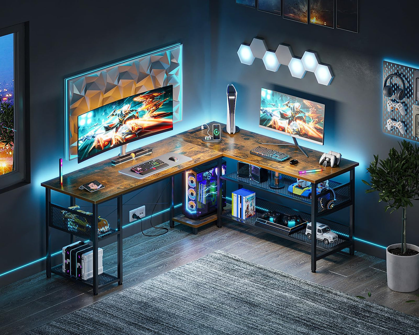 Reversible L Shaped Computer Desk with Power Outlet and USB Charging Ports