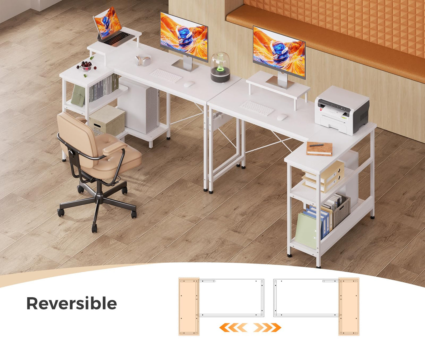 Small L Shaped Computer Desk with Reversible Storage Shelves
