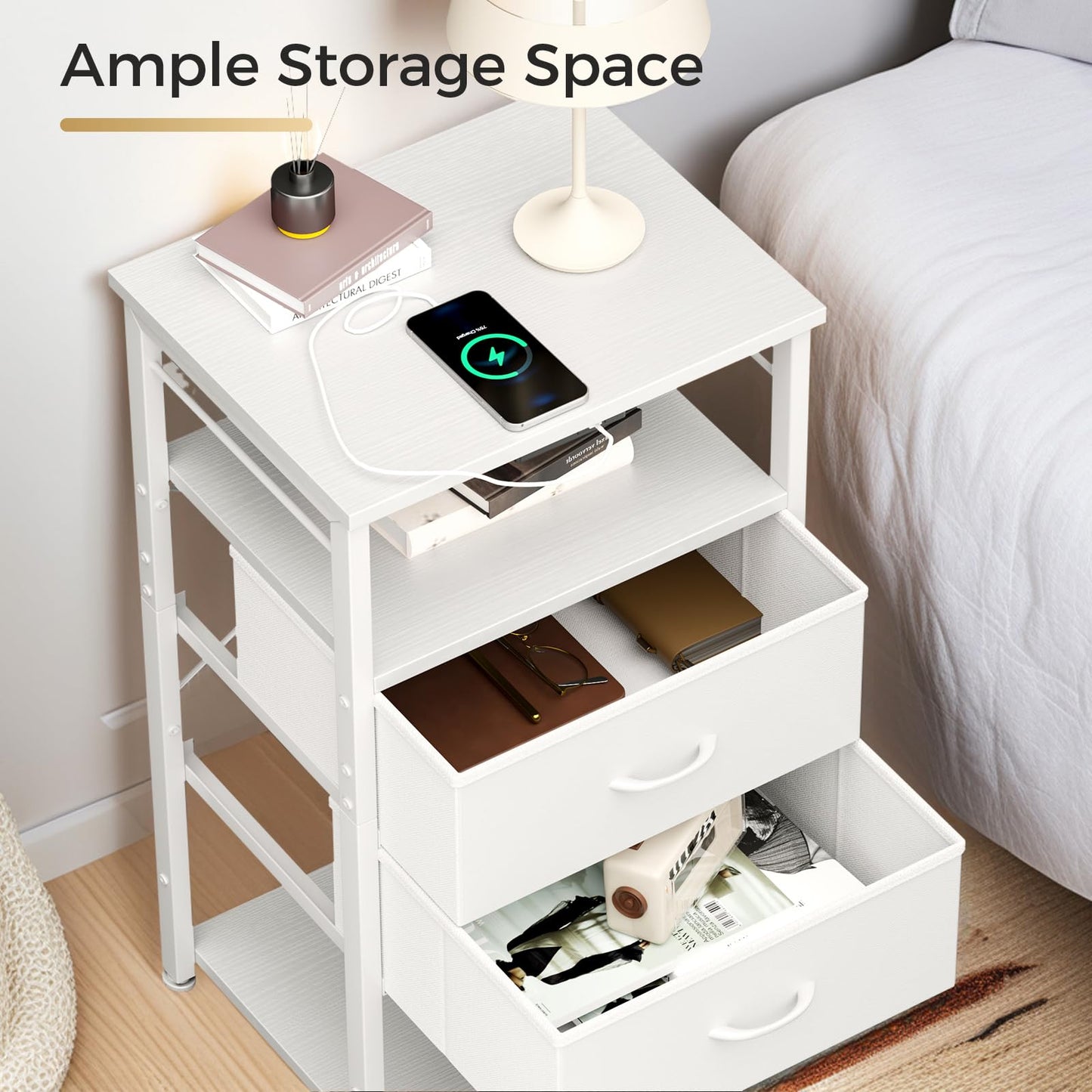 Tall Nightstand with Charging Station and LED Lights