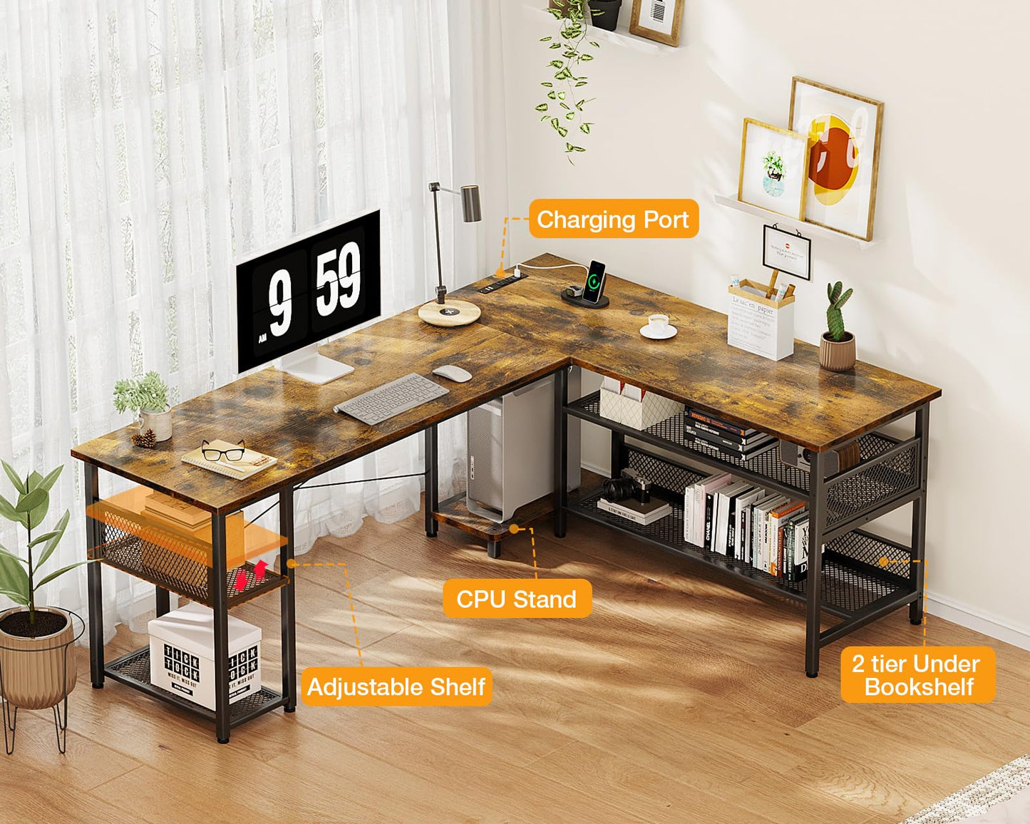Reversible L Shaped Computer Desk with Power Outlet and USB Charging Ports