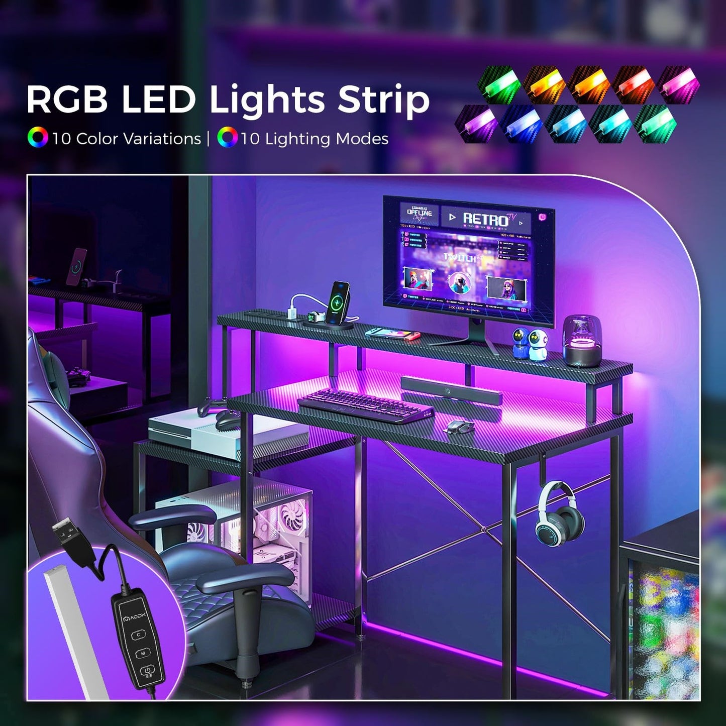 Computer Desk, 48 Inch Gaming Desk with Led Lights & Power Outlet