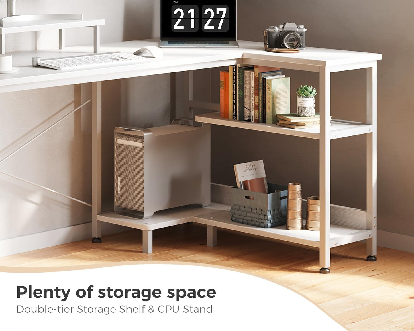 Small L Shaped Computer Desk with Reversible Storage Shelves