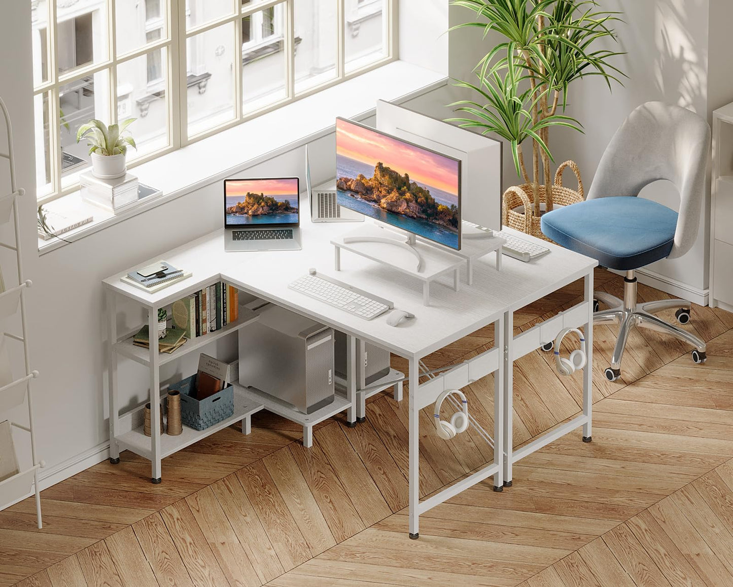 Small L Shaped Computer Desk with Reversible Storage Shelves