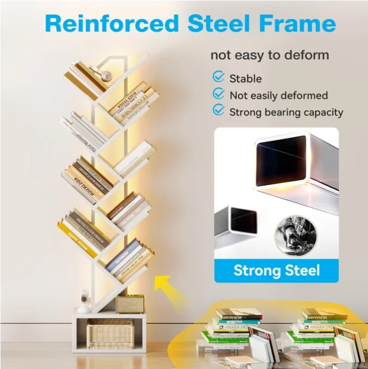 Casacomoda 8 Tier Tree Bookshelf, Bookcase with LED Lights, Display Floor Standing Storage Shelf, Book Organizer Shelves for Home Office, Living Room, White