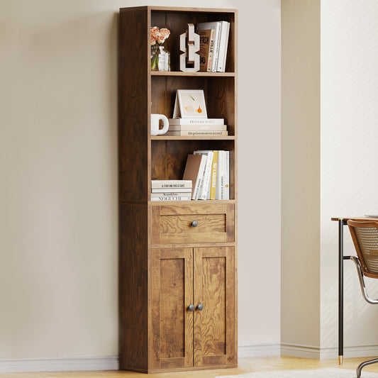 Vintage 5-Tier Tall Bookcase with Drawer and Cabinet, Modern Bookshelf for Home Office, Living Room or Bedroom, Easy Assembly & Stable Structure