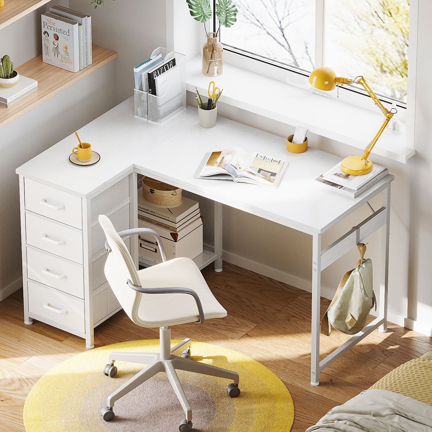 48 inch Computer Desk with 4 Fabric Drawers — Home Office Desks with Storage, Writing Desk with Side Hook, Desk Study/Work Table for Bedroom and Small Space, White