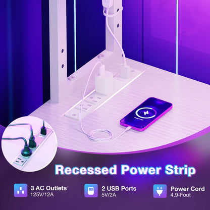 Casacomoda 53 Inch L Shaped Desk with LED Light & Power Outlet, Reversible L Shaped Computer Table with Shelf & Storage Bag & Hook for Home Office, White