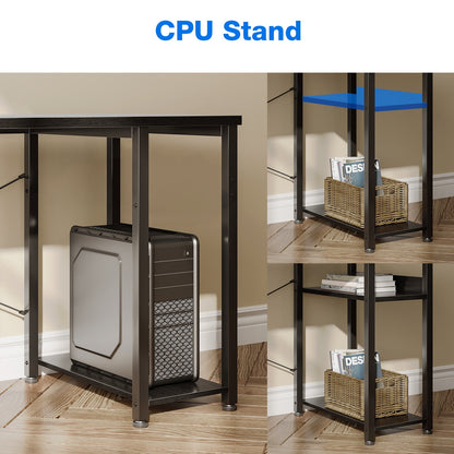 Reversible Modern Simple Style L Shaped Desk with Charging Station and Drawers, Pure Black