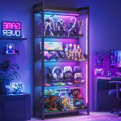 Casacomoda RGB Gaming Glass Display Case for Collectibles, Music Sync Lighted Display Shelf with 4+1 Shelves, 5-Strip LED with Controller, Display Cabinet for Figures, Game Setup& Curio, Black