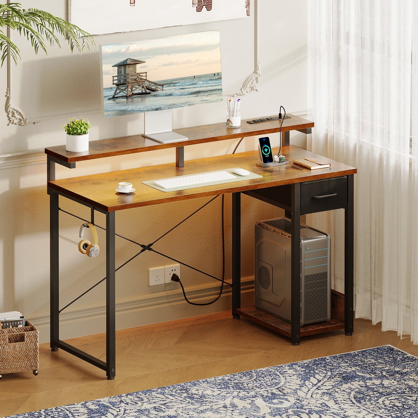 Gaming Desk with LED Lights and Power Outlet, 48 Inch Reversible L Shaped Computer Desk with Fabric Drawer, Monitor Stand and Headphone Hook, Home Office and Gaming Desk, Vintage