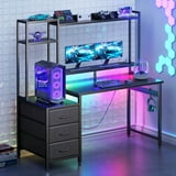 Casacomoda 48 inch Gaming Desk with LED Lights & Power Outlets, Home Office Desk with Reversible Storage Drawers & Monitor Shelves, Gaming Table for Small Space, Carbon Fiber Black