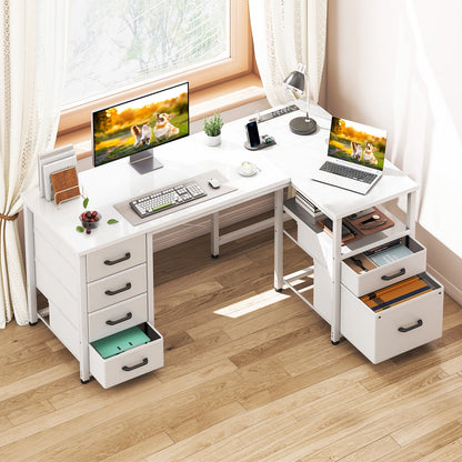 Casacomoda 55 inch Computer Desk with 5 Drawers and File Cabinet for Storage, Office Desk with Storage Shelf & Power Outlets, Home Office Desks, White