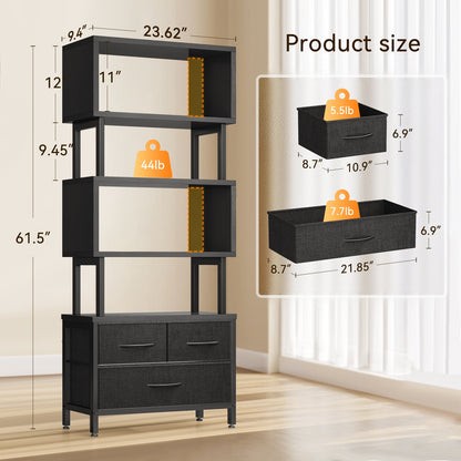 Casacomoda 3-Drawer Bookshelf, 5-Tier Wood & Metal Bookcase with Storage Drawers, Freestanding Office Shelves for Living Room, Bedroom, Home Office Organizer, Black