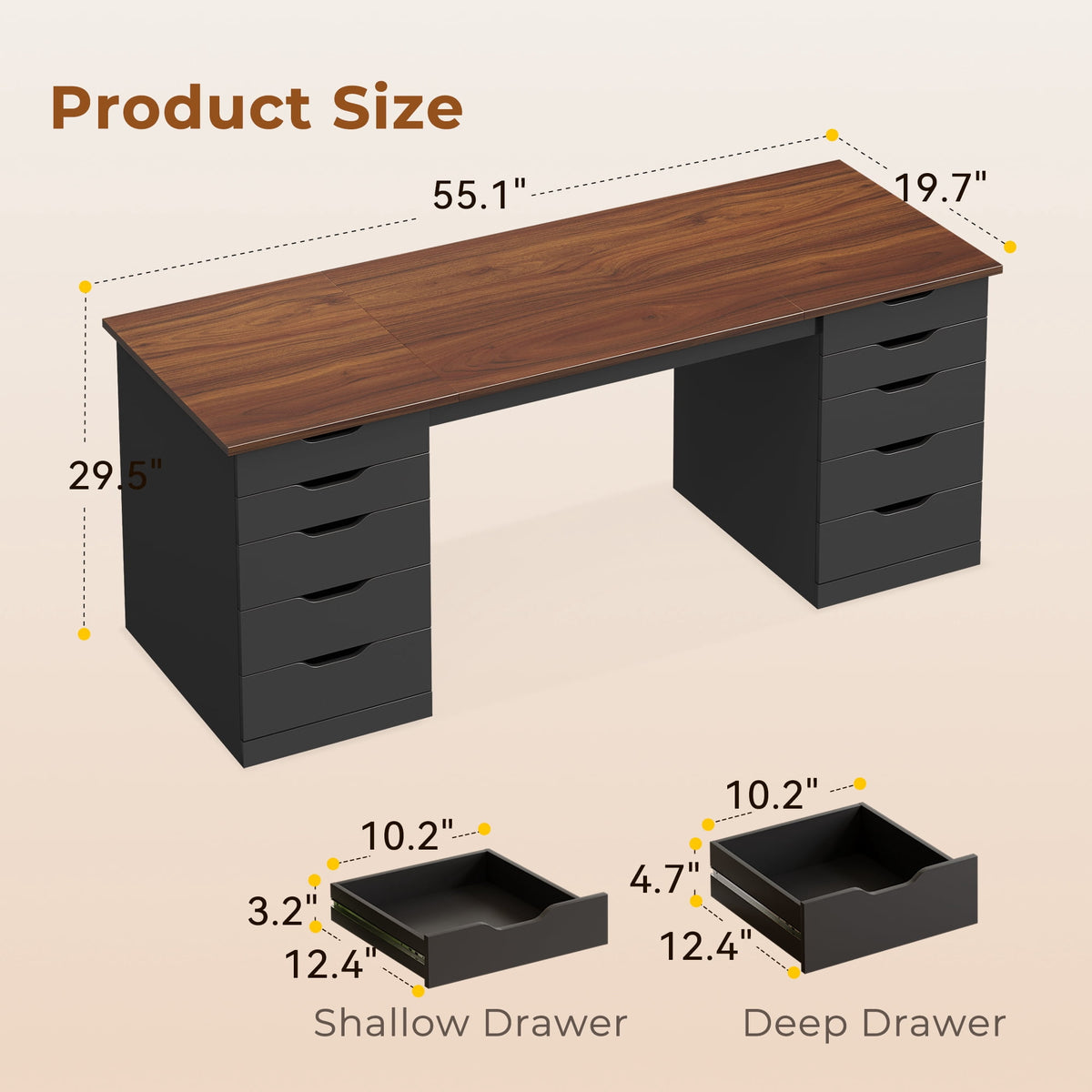 Casacomoda 55" Home Office Desk with 10 Drawers, Large Writing Desk with Storage, Black