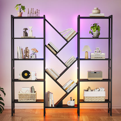 Triple 5-Tier Bookshelf with LED Lights for Living Room, 17 Open Shelves Large Bookcase with App Control RGB Light Strip, Modern Tree Design Storage Shelf with Metal Frame, Black