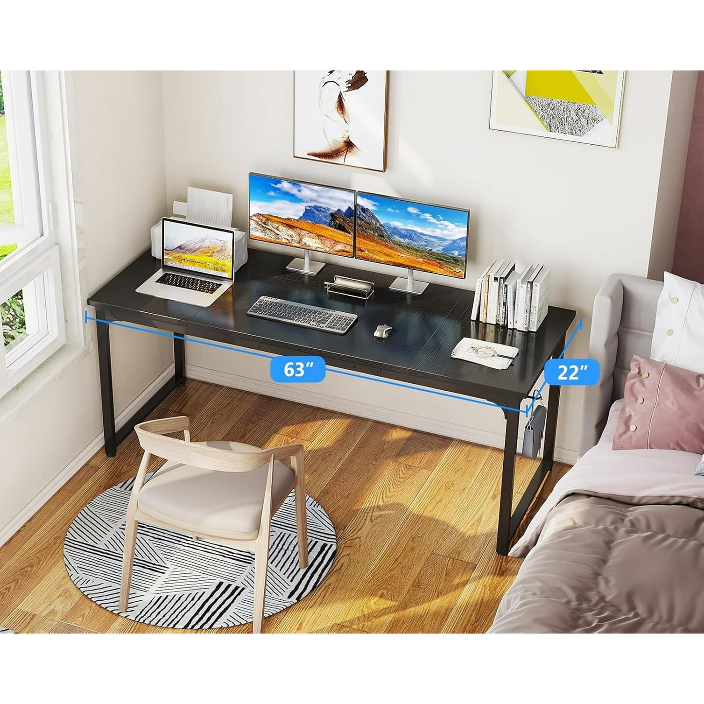 Casacomoda 63 inch Computer Desk with Headphone Hooks, Home Office Desk for Large Spaces, Simple Modern Desk for Studying & Writing, Black