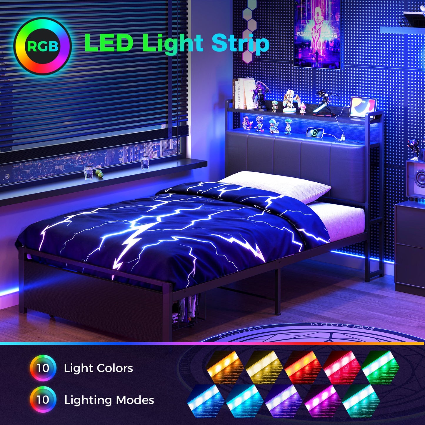 Bed Frame Twin Size with Storage Headboard and Drawer, Upholstered Platform Bed with Charging Station and LED Light, Heavy Duty Frame Support, No Box Spring Needed, Noise Free, Black