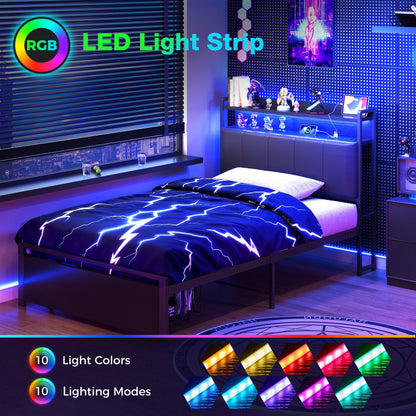 Bed Frame Twin Size with Storage Headboard and Drawer, Upholstered Platform Bed with Charging Station and LED Light, Heavy Duty Frame Support, No Box Spring Needed, Noise Free, Black