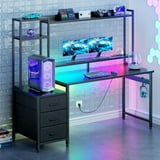 Casacomoda 55 inch Gaming Desk with LED Lights & Power Outlets, Home Office Desk with Reversible Storage Drawers & Monitor Shelves, Carbon Fiber Black