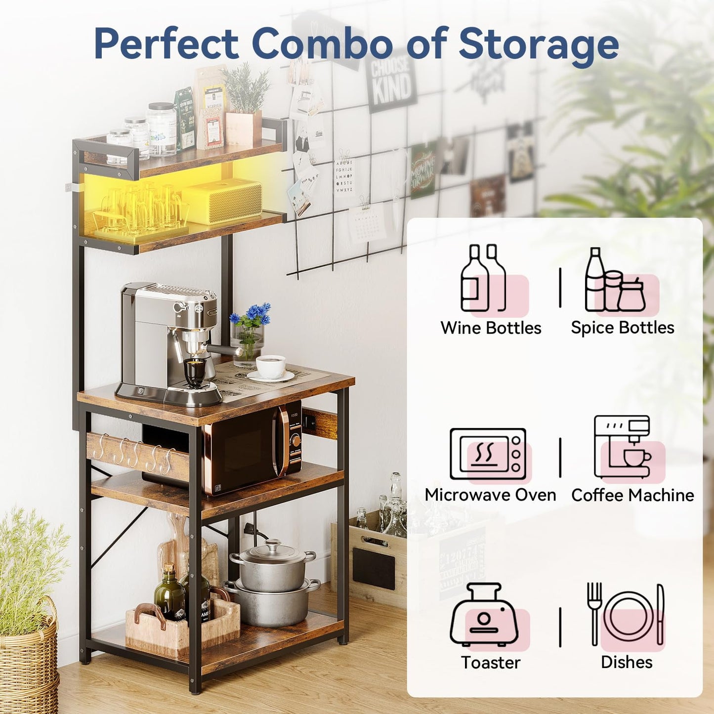 Bakers Rack with Power Outlet & LED Lights, Coffee Bar with Storage 5-Tiers, Microwave Stand Kitchen Shelf 16.5 * 23.6 * 59 inches, Kitchen Coffee Rack, Rustic Brown