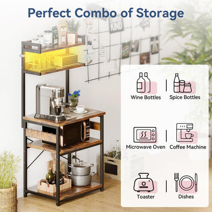 Bakers Rack with Power Outlet & LED Lights, Coffee Bar with Storage 5-Tiers, Microwave Stand Kitchen Shelf 16.5 * 23.6 * 59 inches, Kitchen Coffee Rack, Rustic Brown