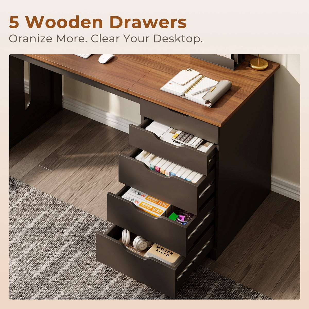 Casacomoda 47” Home Office Desk with 5 Drawers, Compact Writing Desk with Storage, Modern Computer Desk for Bedroom, Study Room and Small Spaces