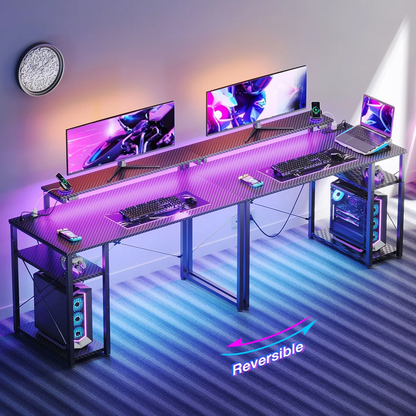 40-Inch Gaming Desk with LED Light & Power Outlets, Home Office Desk with Storage Shelf, Computer Desk with Monitor Stand, Black