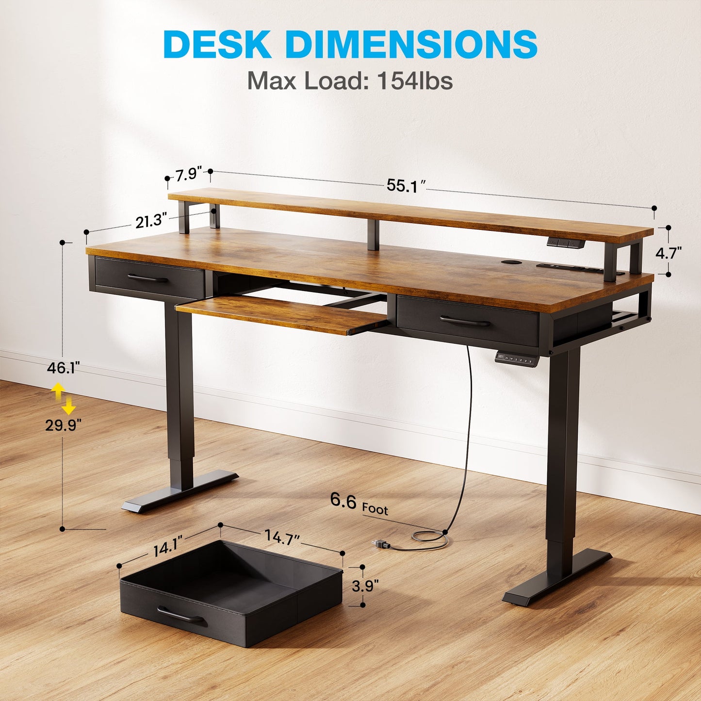Casacomoda 55 inch Electric Standing Desk with Drawers & Keyboard Tray, Height Adjustable Gaming Desk with Power Outlets & LED Lights, Sit Stand Table with Monitor Stand for Home, Office, Vintage