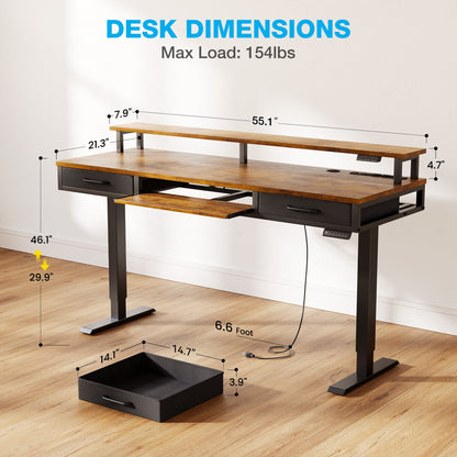 Casacomoda 55 inch Electric Standing Desk with Drawers & Keyboard Tray, Height Adjustable Gaming Desk with Power Outlets & LED Lights, Sit Stand Table with Monitor Stand for Home, Office, Vintage