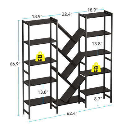 Triple 5-Tier Bookshelf with LED Lights for Living Room, 17 Open Shelves Large Bookcase with App Control RGB Light Strip, Modern Tree Design Storage Shelf with Metal Frame, Black