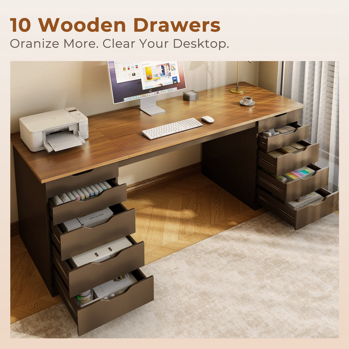Casacomoda 55" Home Office Desk with 10 Drawers, Large Writing Desk with Storage, Black