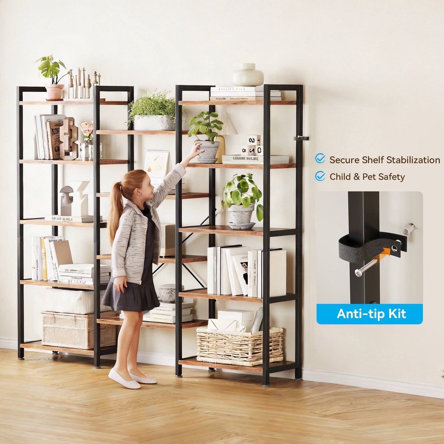 Casacomoda Triple Wide 5 Tier Bookshelf, Rustic Industrial Style Bookcases with 15 Open Display Shelves, Modern Tall Bookcase Furniture for Bedroom, Living Room and Home Office, Rustic Brown