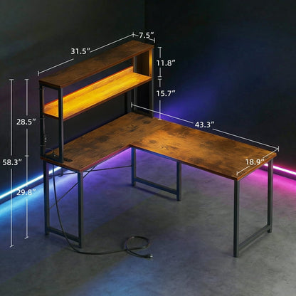 Casacomoda 43 Inch L Shaped Desk with LED Light & Power Outlet, Reversible L Shaped Computer Table with Shelf & Storage Bag & Hook for Home Office, Vintage